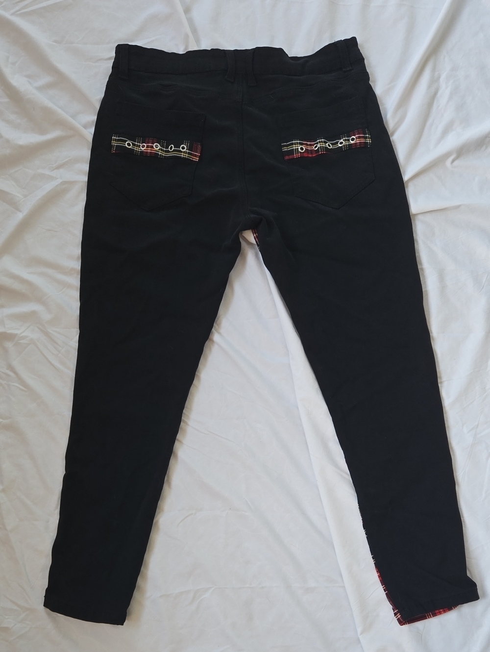 Men's Black Punk Rock Style Jeans With Zippers & Red Squared Patterns In Areas - Picture 9 of 9
